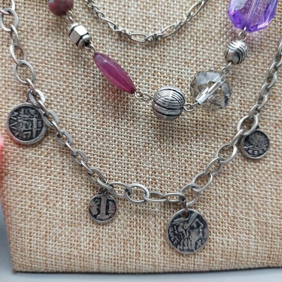 Premier Designs Silver Tone Purple Multi Strand Layered Chain Coin Necklace 32" - Picture 4 of 11
